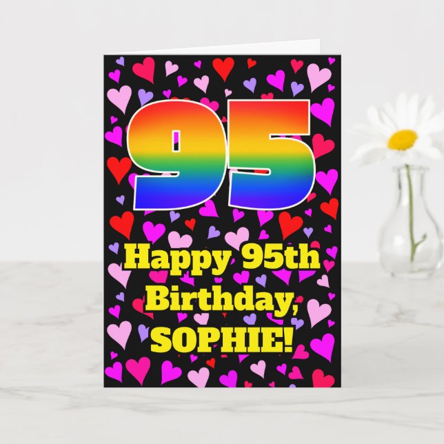 95th Birthday: Loving Hearts Pattern, Rainbow # 95 Kort (Liten växt)