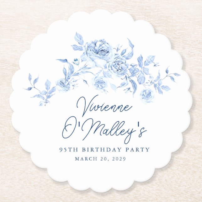 95th Birthday Party Blue Rose Floral Custom Underlägg Papper (Framsida)
