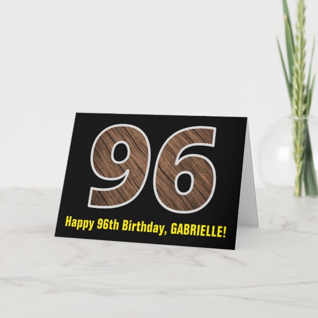 96-årsdag: Namn + falskt trästrukturmönster "96" Kort (Framsida)