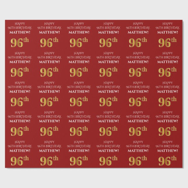 96:e födelsedag: Elegant, rött, Faux Guld-utseende Presentpapper (Platt)