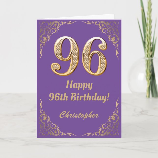 96:e födelsedag Lila och Guld Glitter Ram Kort (Framsida)