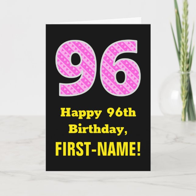 96:e födelsedag: Rosa Rand och hjärtan "96" + Namn Kort (Framsida)