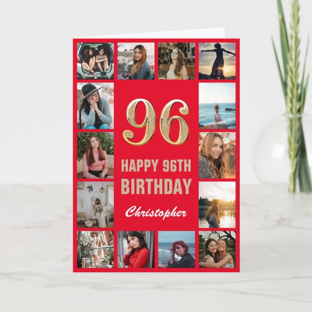 96:e Grattis på födelsedagen Red and Guld Photo Co Kort (Framsida)