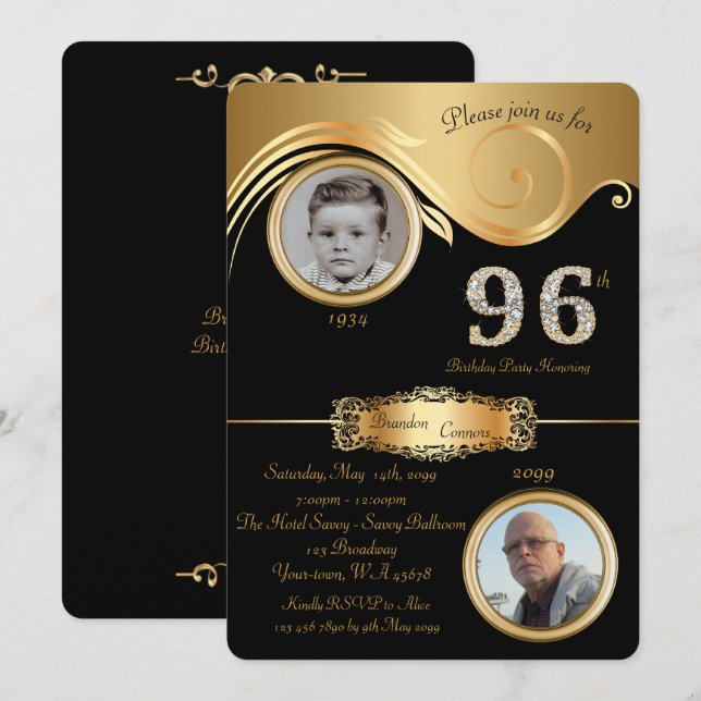 96th,Birthday Man 96th,elegant art deco,svart Inbjudningar (Fram/baksida)