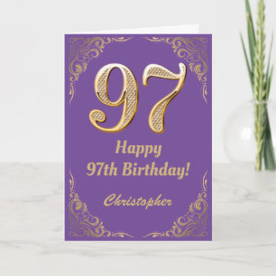 97-årsfirande lila och guld glitterram kort