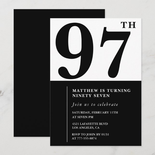 97-årsinbjudan till chic Black and White Inbjudningar (Fram/baksida)