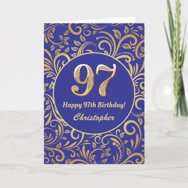 97:e födelsedag Blommönstret Blå och Guld Kort (Framsida)