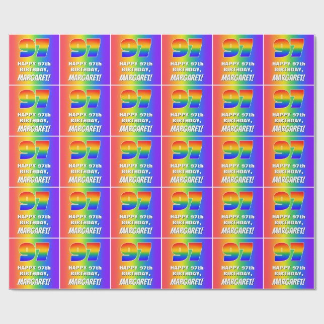 97:e födelsedag: färgfull, Roligt Rainbow Mönster  Presentpapper (Platt)