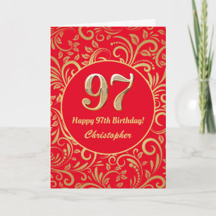 97:e födelsedag Röda och Guld-Blommönstret Kort