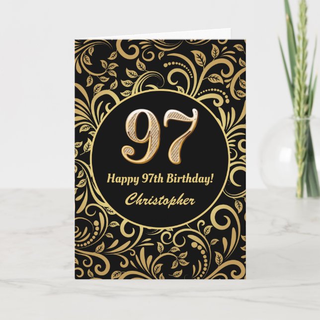 97:e födelsedag Svarta och Guld-Blommönstret Kort (Framsida)