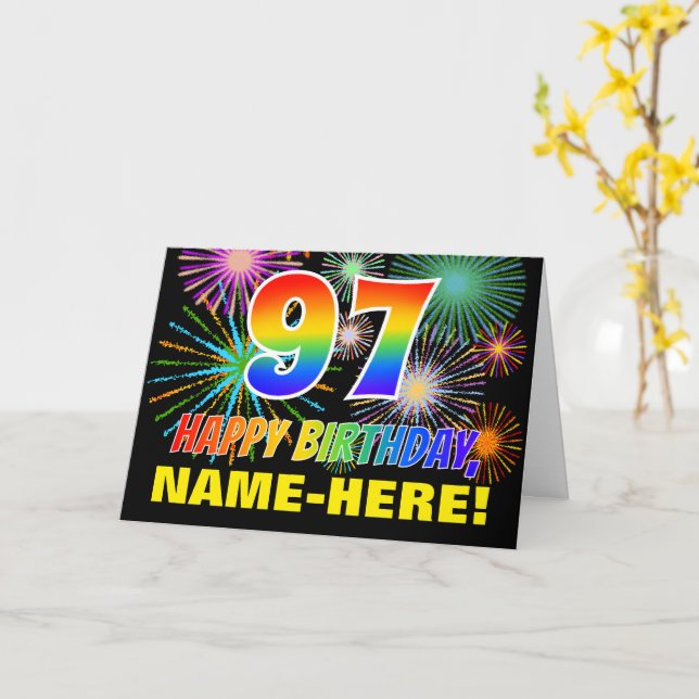97:e födelsedagen: Fet, Roligt, Fireworks, Regnbåg Kort (Gul blomma)