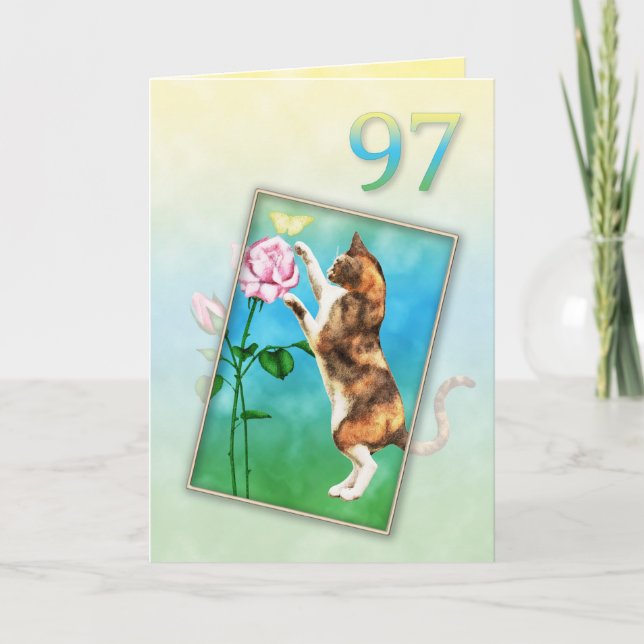 97:e födelsedagen med lekfull katt kort (Framsida)