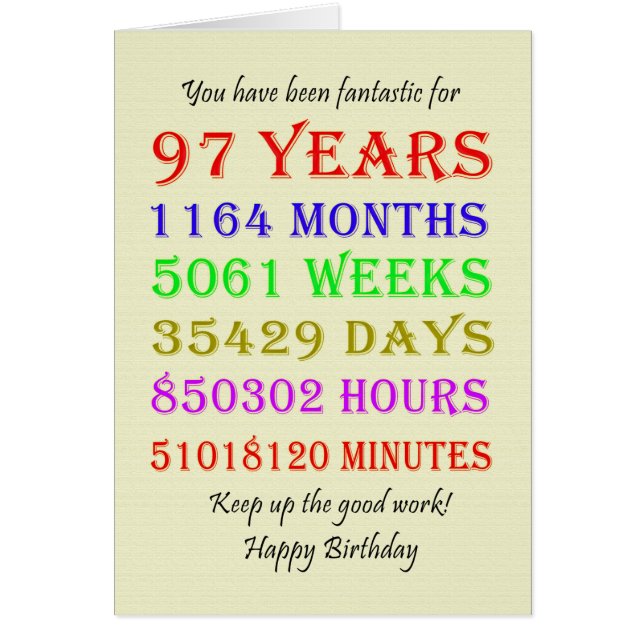 97:e födelsedagsmilstolpar hälsningskort (Framsidan)