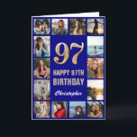 97:e Grattis på födelsedagen-flottan, blå och Guld Kort<br><div class="desc">97:e Grattis på födelsedagen: Blått och Guld Fotokollage Birthday Card. Om du vill göra ytterligare anpassningar klickar du på knappen "Anpassa" och användor verktyg som är utformat för att ändra mallen.</div>