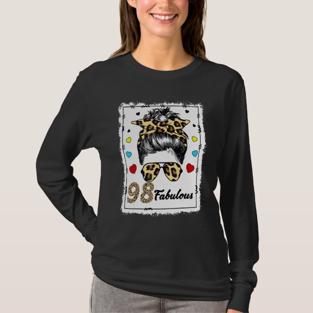 98 år gammal Fabulous Messy Bun Leopard 1924 Birth T Shirt (Framsida)