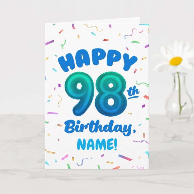 98-års födelsedags kort med eget namn och ballongn (Liten växt)