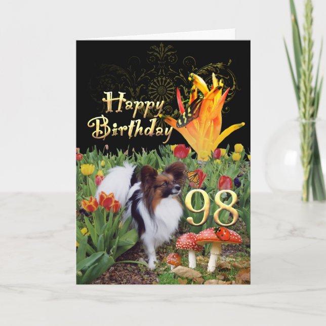 98-års födelsedagskort hund papillon tulpaner fjär kort (Framsida)