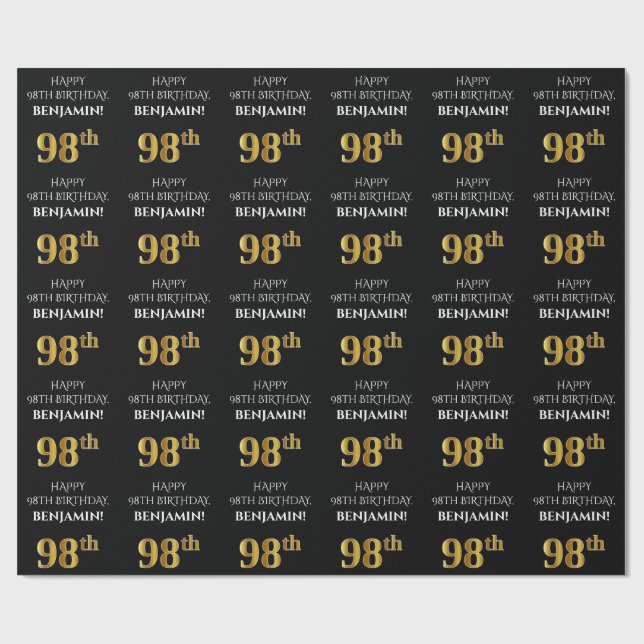 98:e födelsedag: Elegant, svart, faux Guld-utseend Presentpapper (Platt)