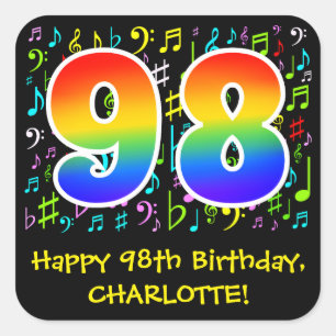 98:e födelsedagen: Colorful Music Symbols, Rainbow Fyrkantigt Klistermärke