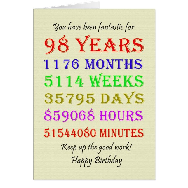 98:e födelsedagsmilstolpar hälsningskort (Framsidan)