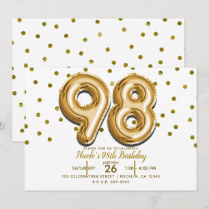 98 Guld Ballonger & Konfetti 98-års Födelsedagsfes Inbjudningar