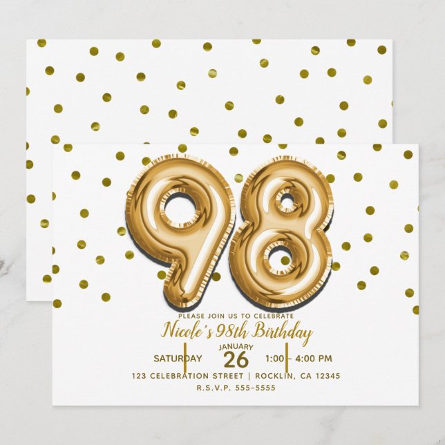 98 Guldbalonger & Konfetti 98-årsfest Inbjudningar (Fram/baksida)