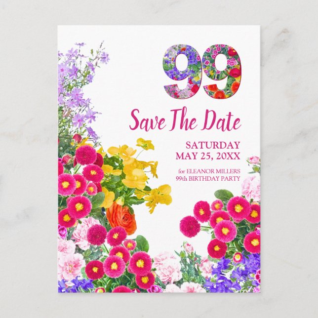 99-årsdag Blommor Blommor, Modernt Spara Datum Meddelande Vykort (Framsida)