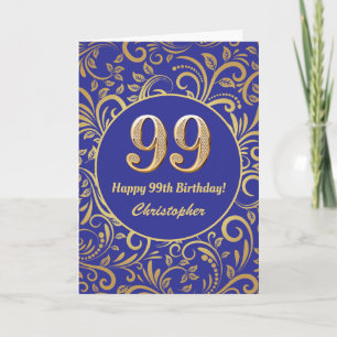 99:e födelsedag Blommönstret Blå och Guld Kort