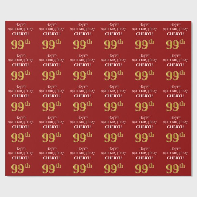 99:e födelsedag: Elegant, rött, Faux Guld look Presentpapper (Platt)