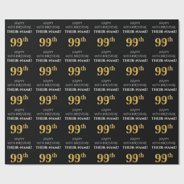 99:e födelsedag: Elegant, svart, faux Guld-utseend Presentpapper (Platt)