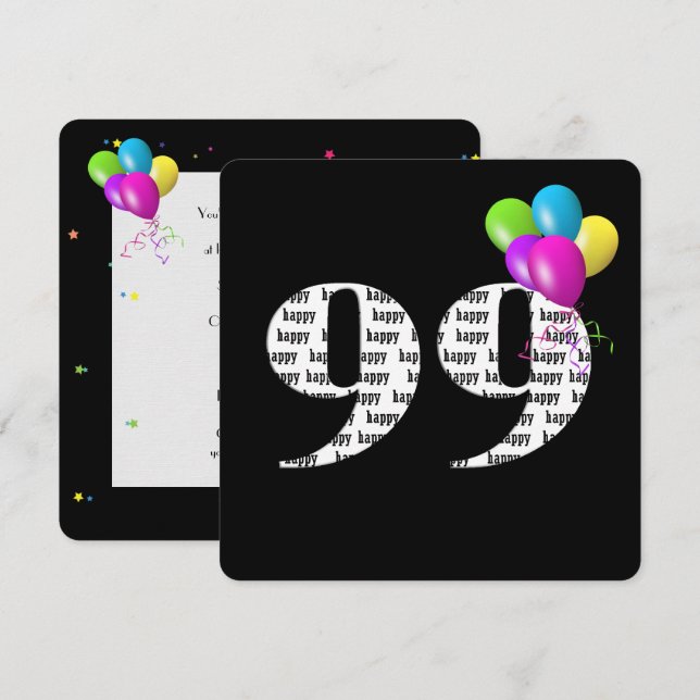 99:e Födelsedagsfesten med ballongbunt Inbjudningar (Fram/baksida)