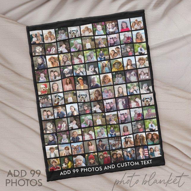 99 Fotokollagegaller med text - svart Fleecefilt (Custom Fleece Blanket with Photo Collage)