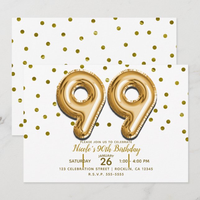 99 Guld Ballonger & Konfetti 99-års Födelsedagsfes Inbjudningar (Fram/baksida)