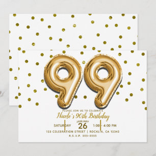 99 Guld Ballonger & Konfetti 99-års Födelsedagsfes Inbjudningar