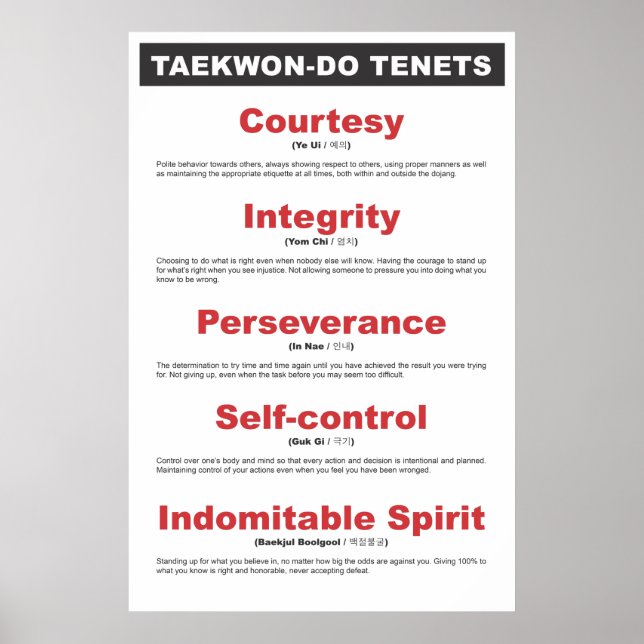 9-2 allmänt Poster Taekwon-Do Tenets (Framsidan)