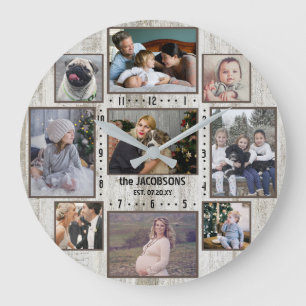 9 Anpassat namn för Family Photo Collage Farmhouse Stor Klocka