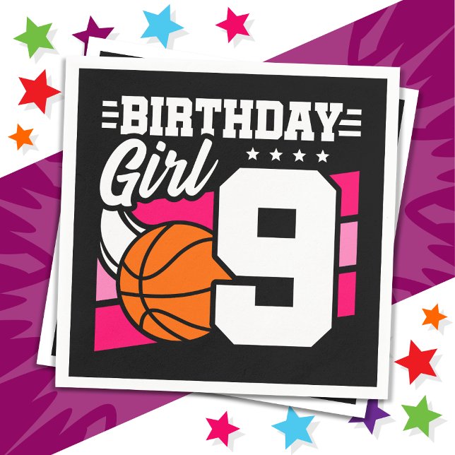 9 år gammal basketboll Party 9:e födelsedagsflicka Pappersservett (Skapare uppladdad)