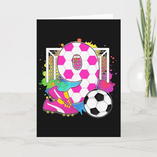 9 år gammal födelsedagsflicka 9-årsdag fotboll tem kort (Framsida)