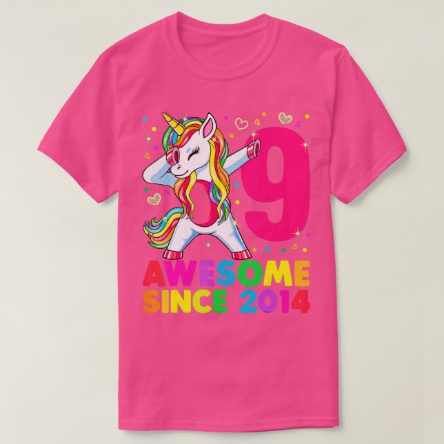 9 år gammal Unicorn Dabbing 9:e födelsedagsflickan T Shirt (Design framsida)