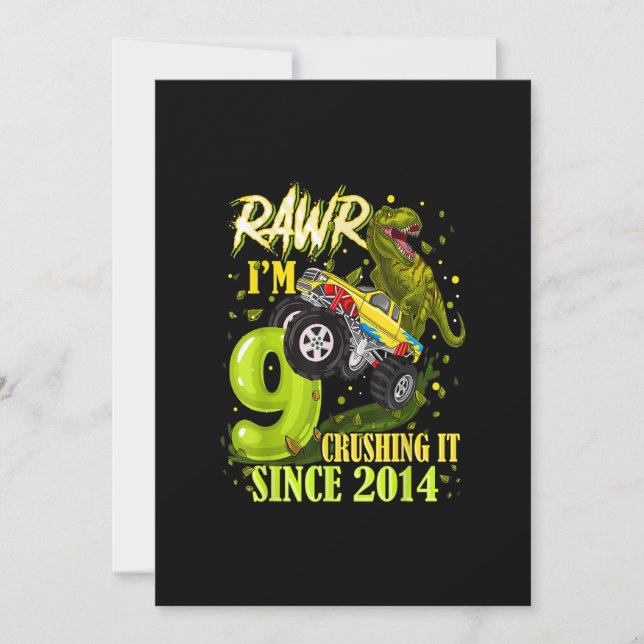 9-årig dinosaurie Trex monstertruck 9-års födelsed Inbjudningar (Framsida)