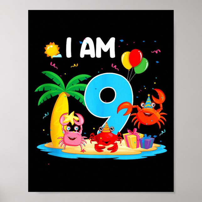 9-årig krabbälskare 9:e krabbtema strand sommar poster (Framsidan)