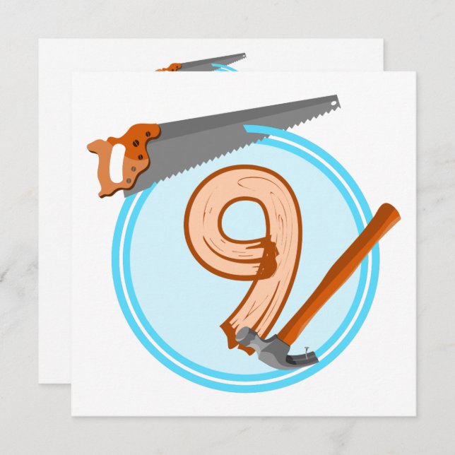 9-årig pojkväsbyggare verktyg födelsedagskalender inbjudningar (Fram/baksida)