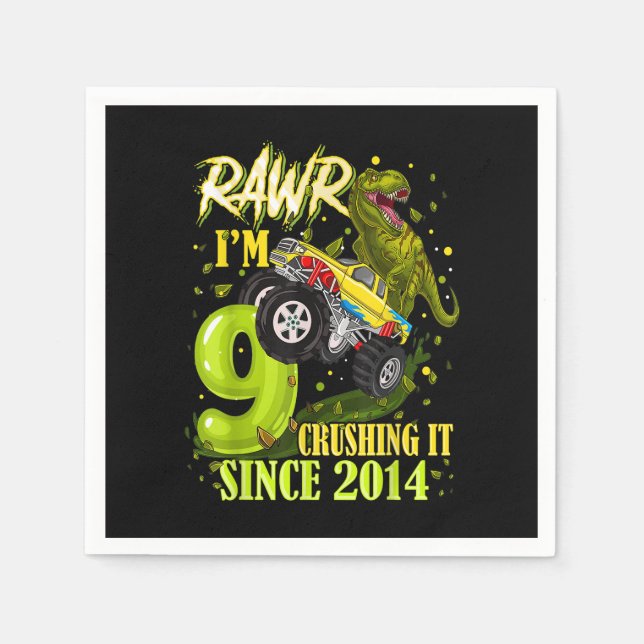 9 års ålder Dinosaur Trex Monster Lastbil 9:e föde Pappersservett (Framsidan)