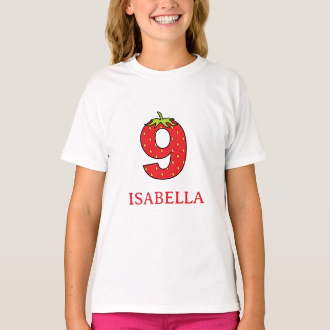 9-års födelsedagsfest med jordgubbtema  t shirt (Framsida)