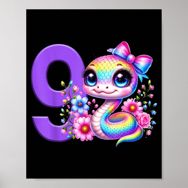 9-års födelsedagsflicka Ormfest Regnbåge Coquette  Poster (Framsidan)