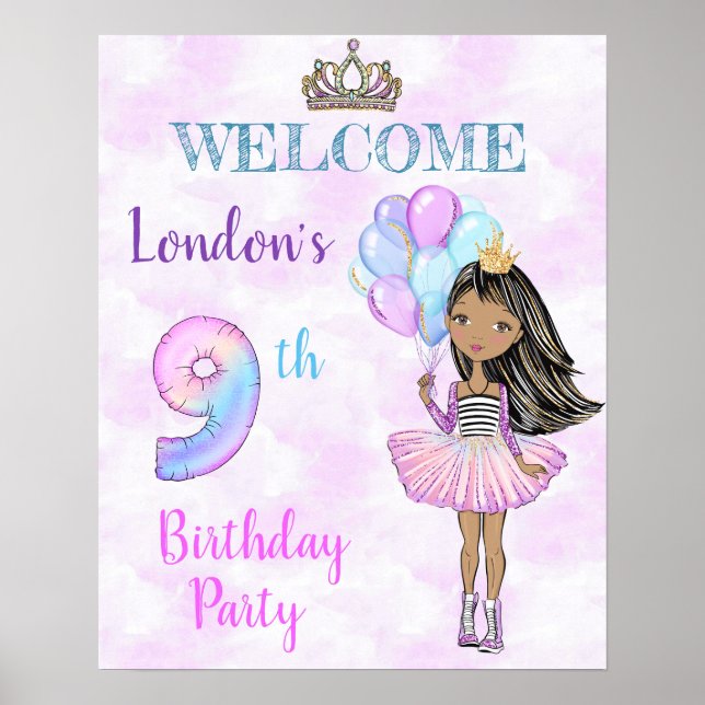 9-års födelsedagsflicka prinsessa afroamerikansk poster (Framsidan)