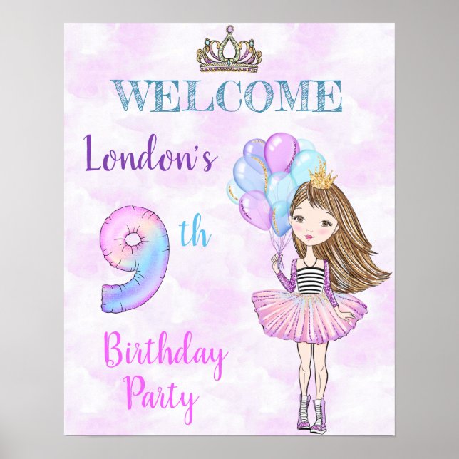 9-års födelsedagsflicka prinsessa Lavendel Turkos Poster (Framsidan)