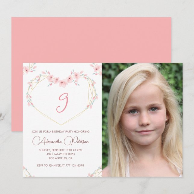 9-års födelsedagsinbjudningar Boho Blommig Foto Inbjudningar (Fram/baksida)