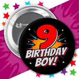9 års gammal superhjälte Birthday Boy 9 Birthday Knapp