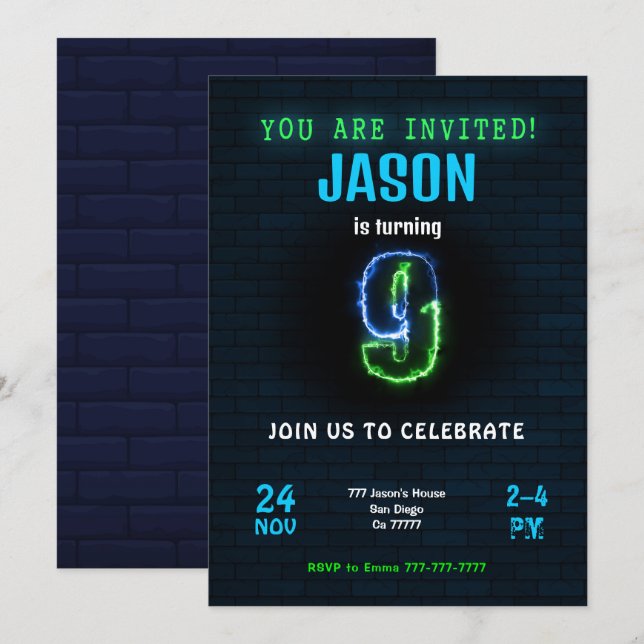 9-års pojkfödelsedagsinbjudning inbjudningar (Fram/baksida)